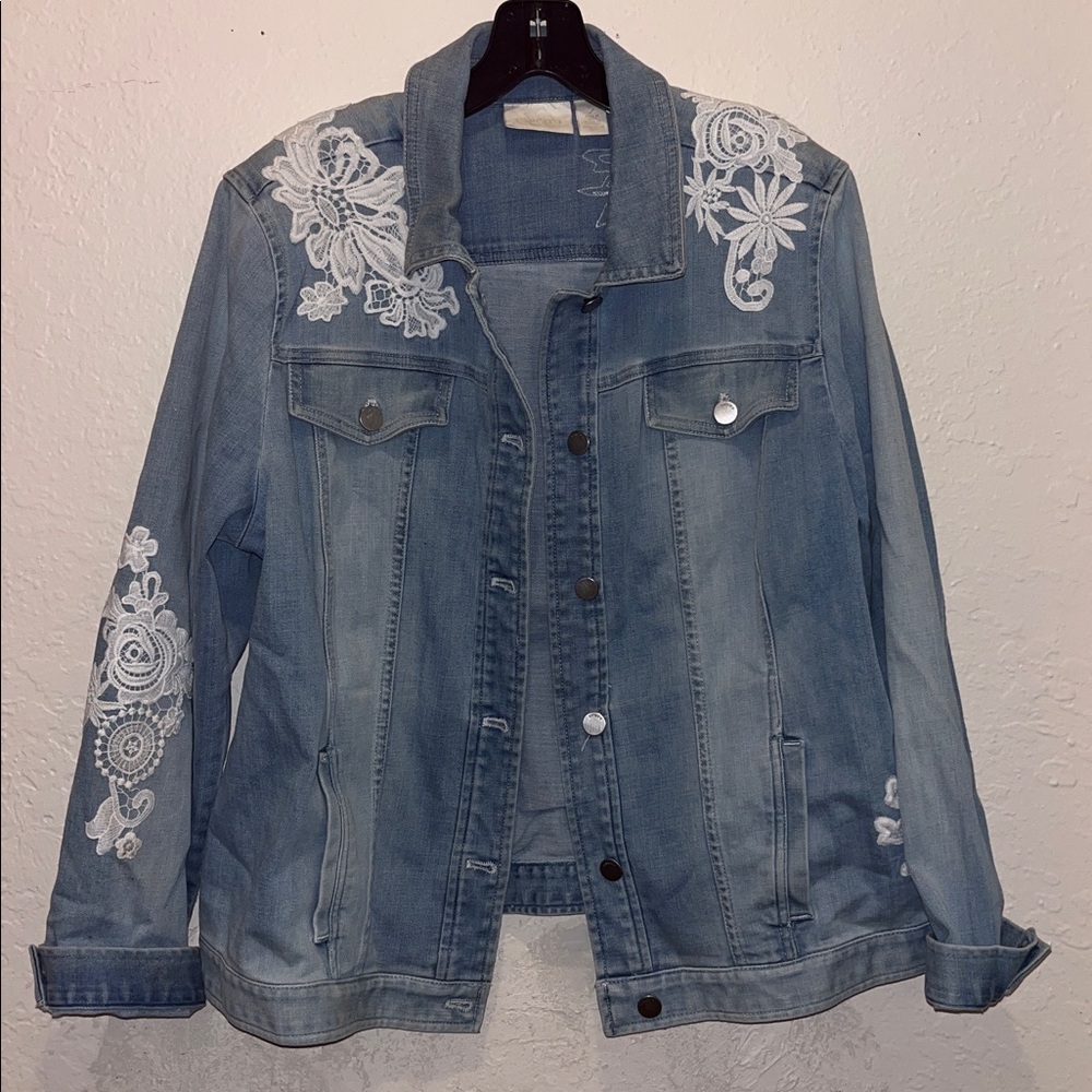 Chicos Lace Floral Denim Jean Jacket cottagecore granny teachercore boho artsy - Picture 2 of 7